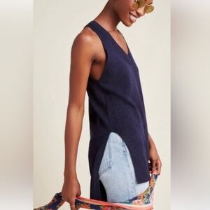 Antropologie Sleeveless Navy Blue Thight Knit High Low Tunic Top Size XL